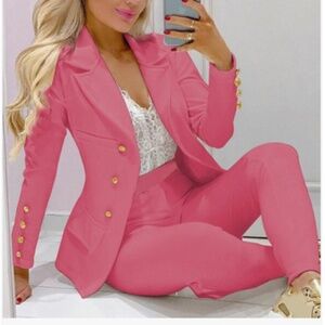 Pink 2-Pc Pants Suit With Shiny Gold Captains Buttons